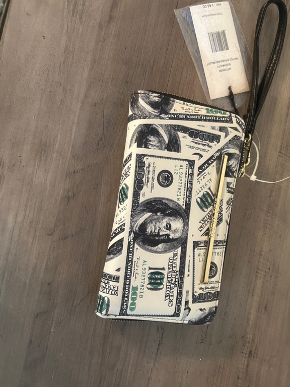 Steve Madden Black, White & Green Money Print Zip Wristlet